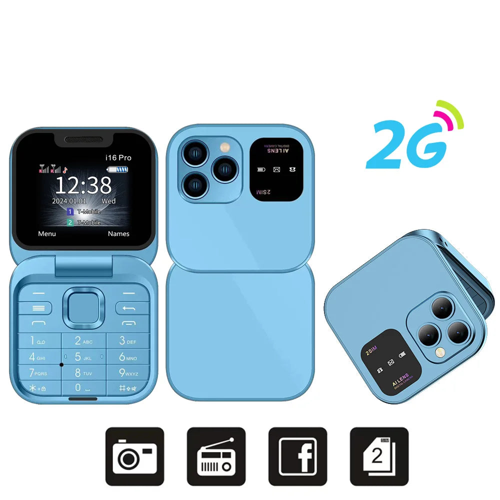 SERVO Mini Flip Mobile Phone 4G/2G Cellular 1.77" Diaplay Speed Dial Flashlight Recorder FM Radio Dual SIM Foldable Cellphones