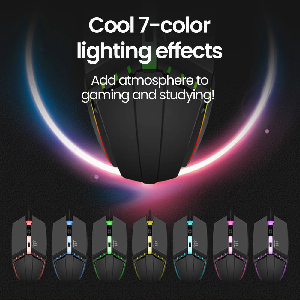 Mouse Gamer USB con LED RGB - Silencioso 1600DPI