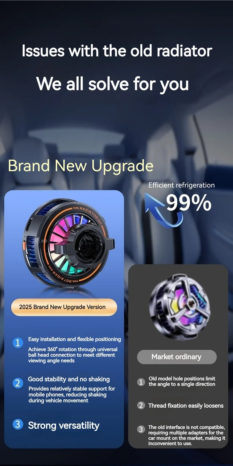 Universal Metal Car Magnetic Semiconductor Cooling Phone Holder RGB Light 3 Level Adjustable for iPhone 16 15 14 13 12 Samsung