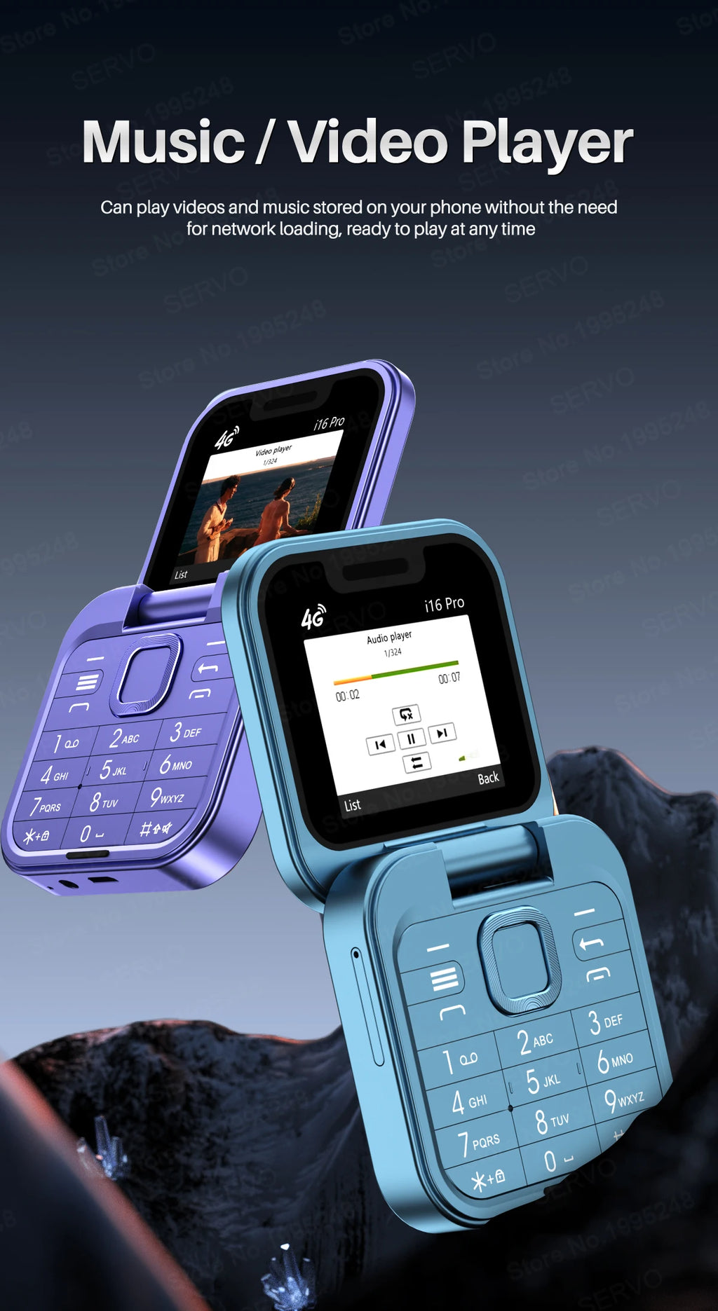 SERVO Mini Flip Mobile Phone 4G/2G Cellular 1.77" Diaplay Speed Dial Flashlight Recorder FM Radio Dual SIM Foldable Cellphones
