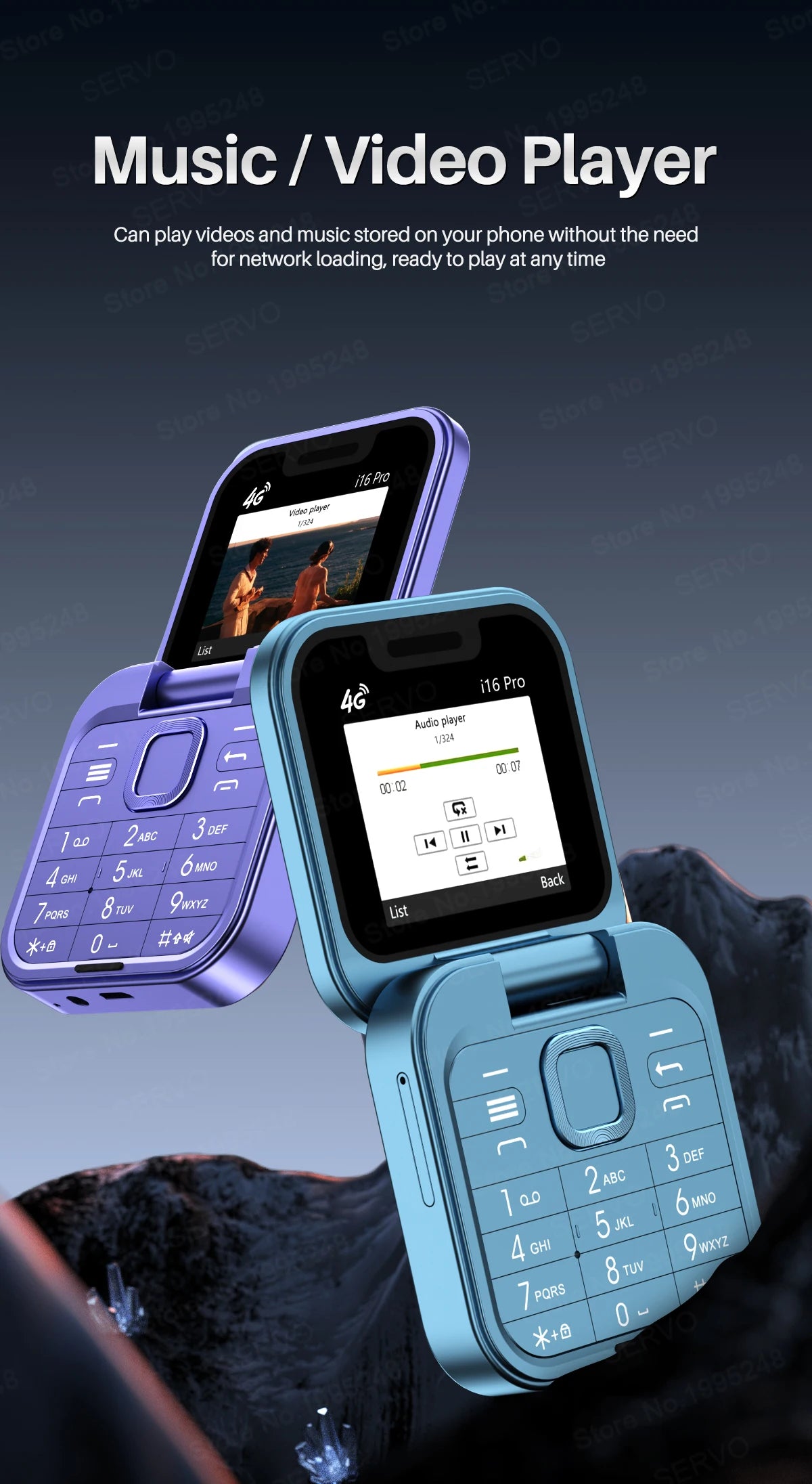 SERVO Mini Flip Mobile Phone 4G/2G Cellular 1.77" Diaplay Speed Dial Flashlight Recorder FM Radio Dual SIM Foldable Cellphones