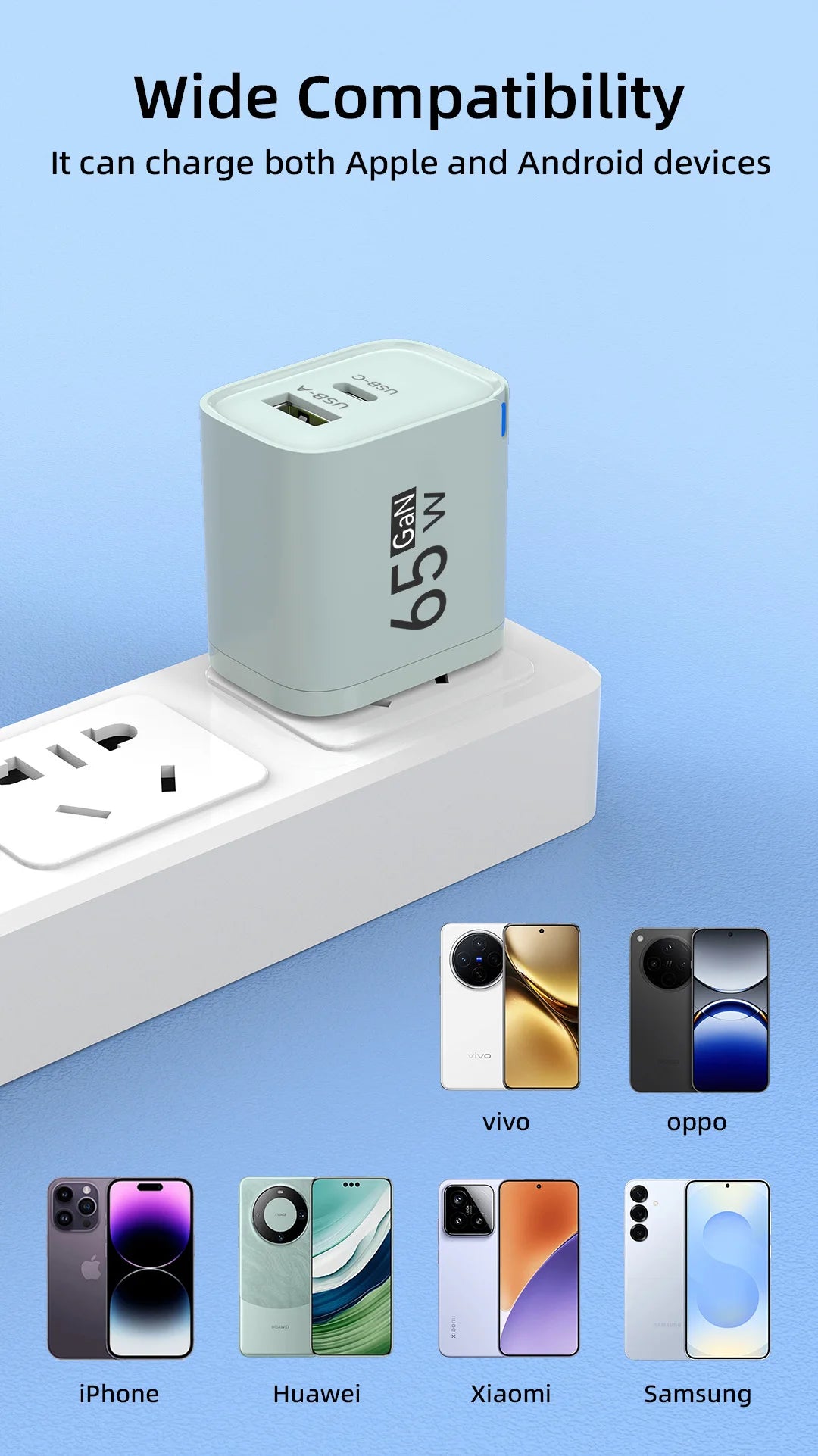 Cargador USB-C 65W Carga Rápida | Compatible iPhone, Samsung y Xiaomi