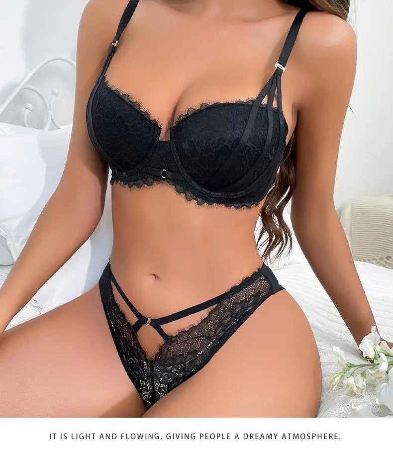 Women's Sexy Lingerie Set Hollow Push-Up Bra with Adjustable Straps Lace Flowers Embroidery Underwear Matching Panties