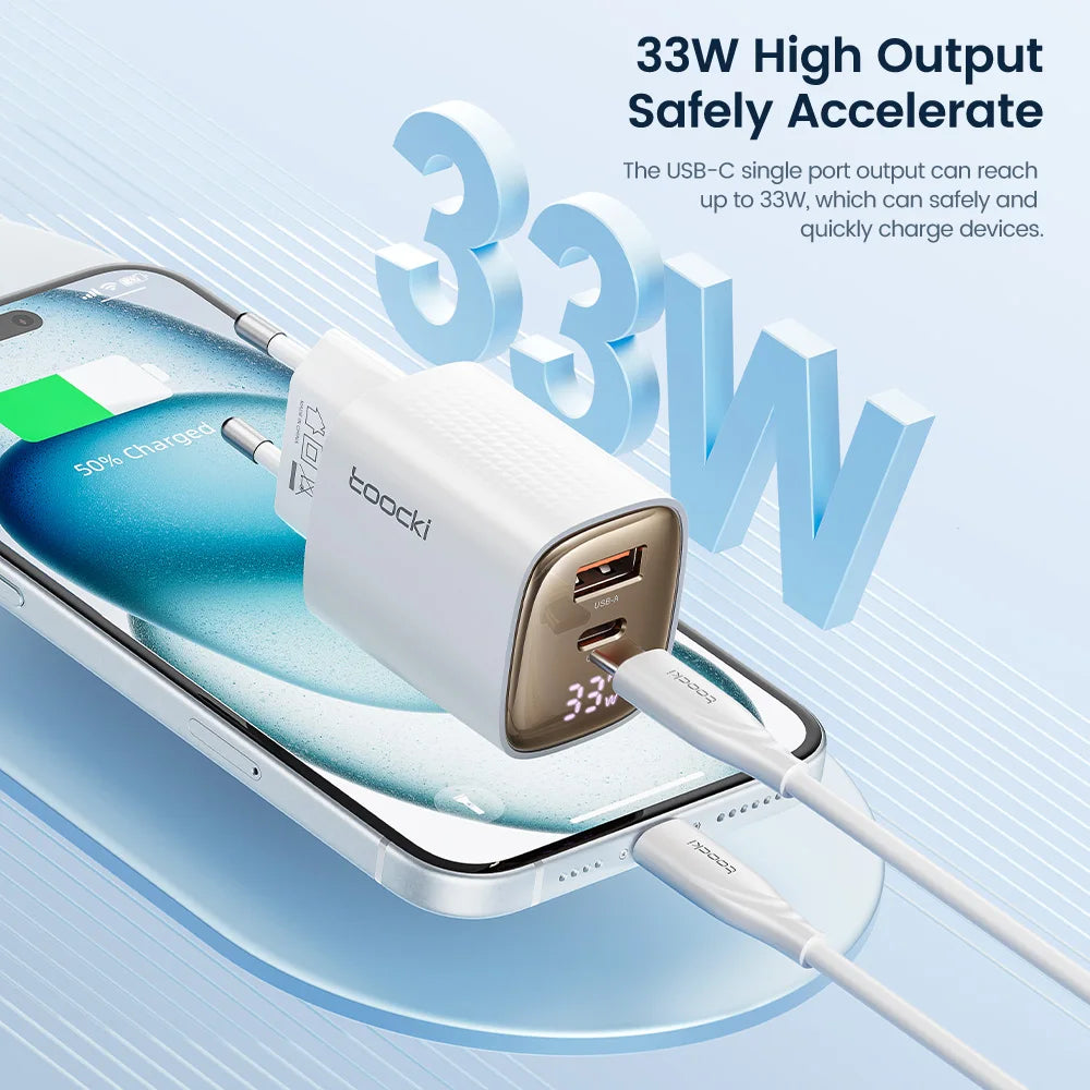 Toocki GaN USB Charger 33W Digital Display QC3.0 PD Fast Charger Type C for iPhone 15 14 13 Pro Max Smausng Xiaomi Honor POCO