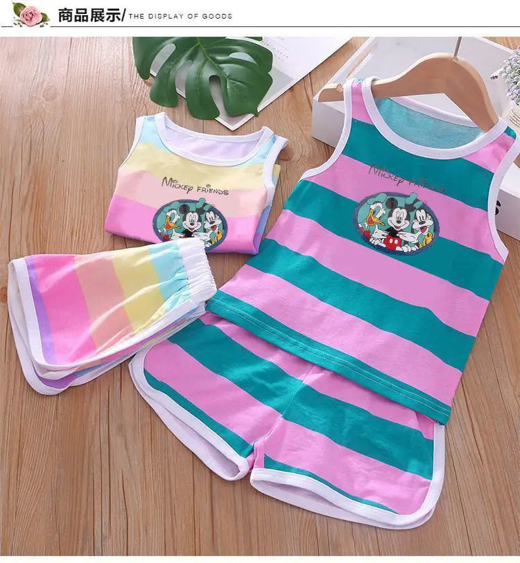 2026 Summer Baby Kids Clothes Sets Cut Striped Cartoon Printed Girls and Boys Vest and Shorts 2 Pieces Sets Children's Outfits