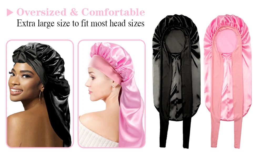 Women Extra Large Hair Long Silk Bonnet Cap & Elastic Satin Hair Band Comfortable Head Cover Night Sleep Hat for Sleeping Shower