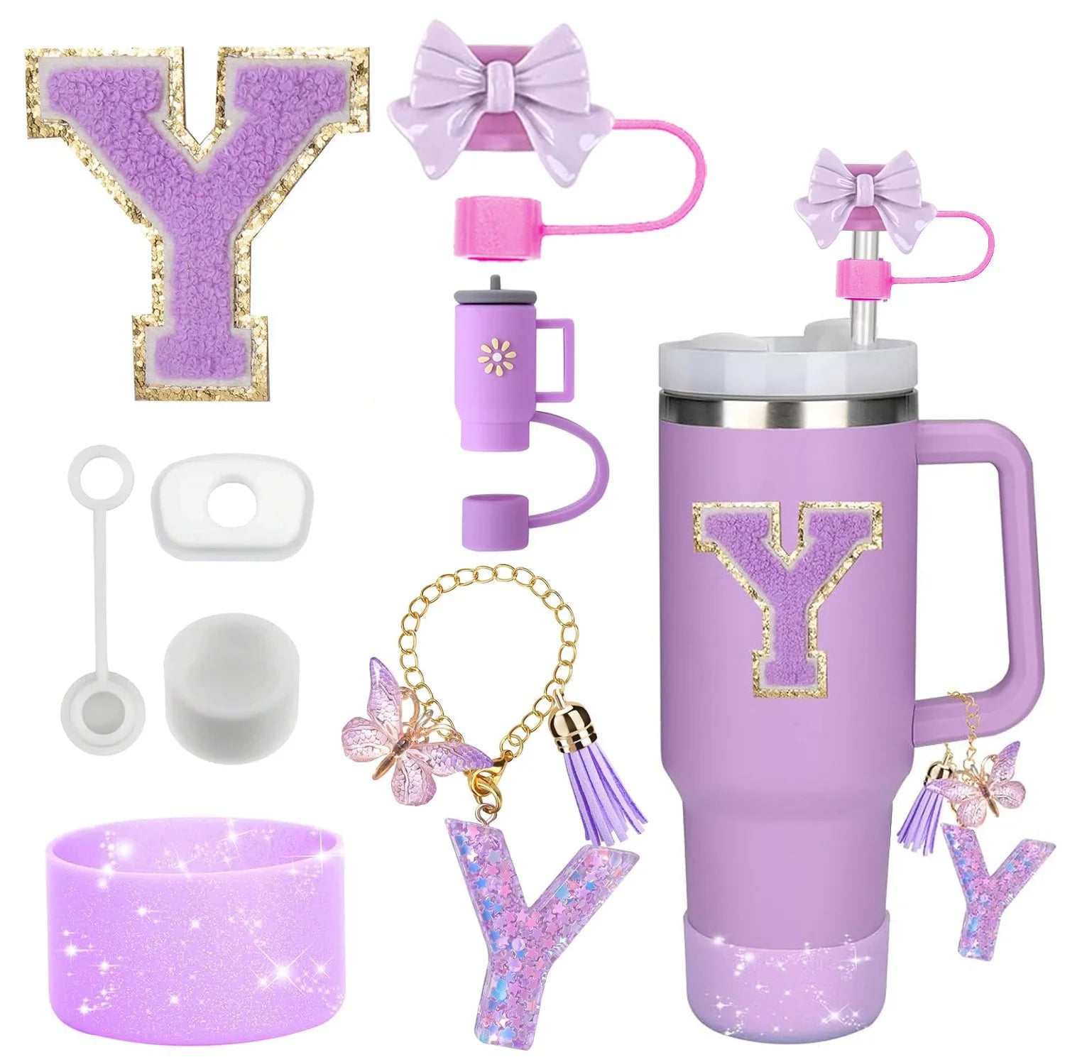 8PCS Accessories Set for Stanley Cup Purple 30oz 40oz tumbler Silicone Straw Topper Cover Cap Boot Handle Charm Initials Sticker