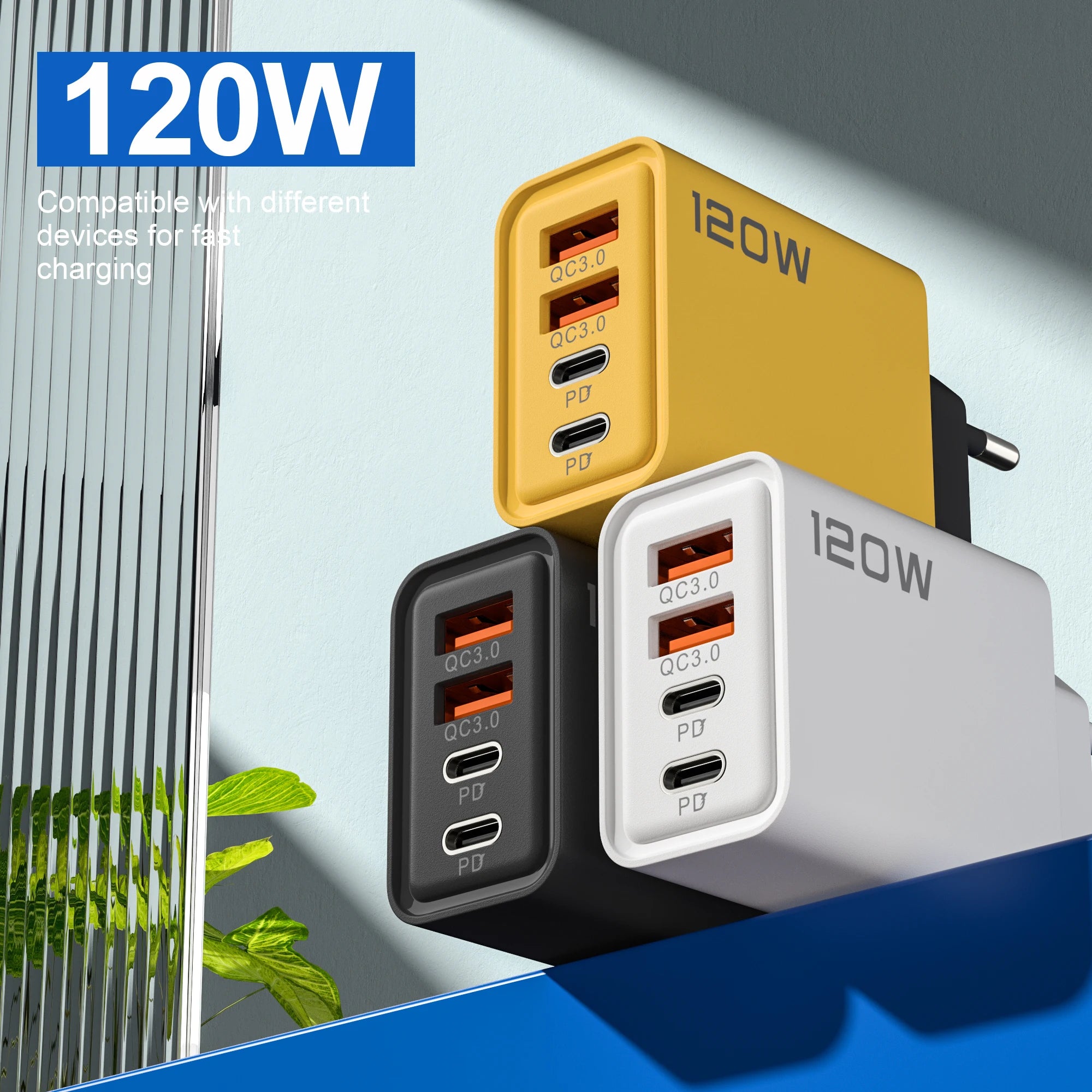 Cargador 4 Puertos 120W USB-C | Carga Rápida QC3.0 - iPhone, Samsung y Xiaomi