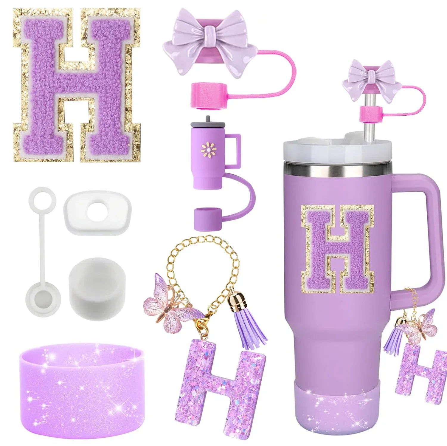 8PCS Accessories Set for Stanley Cup Purple 30oz 40oz tumbler Silicone Straw Topper Cover Cap Boot Handle Charm Initials Sticker