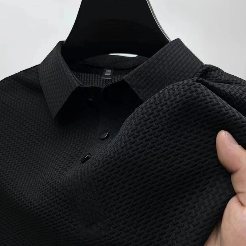 New Men's Business Casual Short Sleeved Bone Flower Solid Color POLO Shirt Fashion Breathable Comfortable Summer Versatile Top