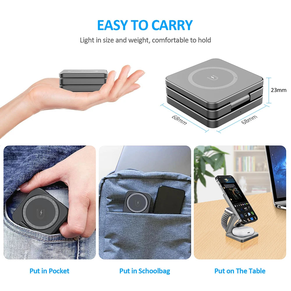 3 in 1 Magnetic Wireless Charger for iPhone Foldable Fast Wireless Charging Station for iPhone 16 15 14 13 12 Charger Stand