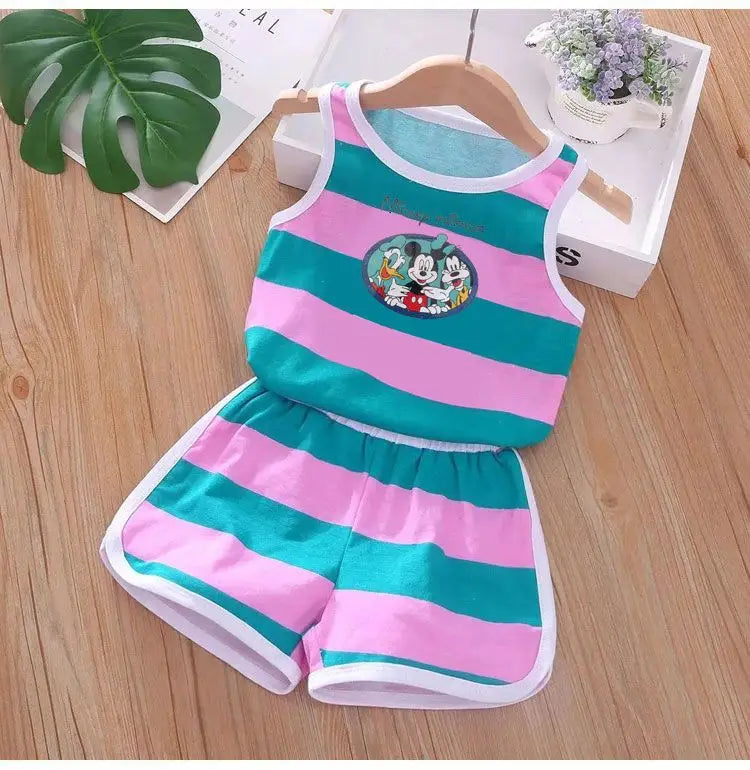 2026 Summer Baby Kids Clothes Sets Cut Striped Cartoon Printed Girls and Boys Vest and Shorts 2 Pieces Sets Children's Outfits