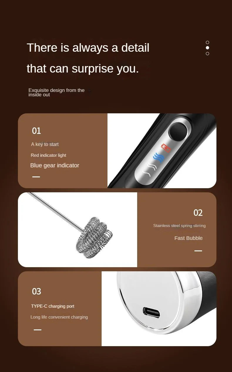 1 Electric Milk Frother, Dual Stick Rechargeable 3-Speed Handheld Egg Beater, Coffee Frother, Cream Blender, Travel Blender