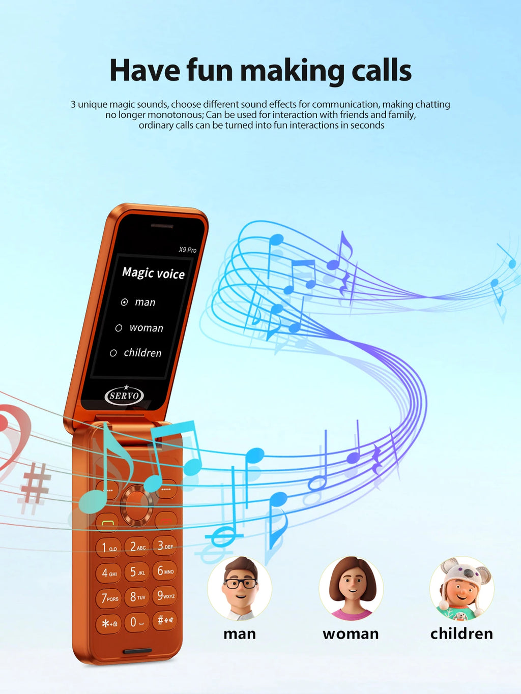 SERVO X9 PRO Mini Foldable Mobile Phone Triple SIM Magic Voice Speed Dial FM Radio 3.5mm Headphone Jack 2.4" Feature Cellphone