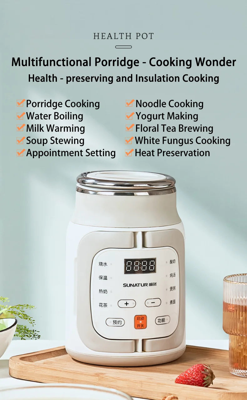 SUNATUR 600ml 700W Electric Cooker Multifunctional Rice Cooker Stew Pot Slow Cooker Mini Porridge Pot Portable Soup Pot