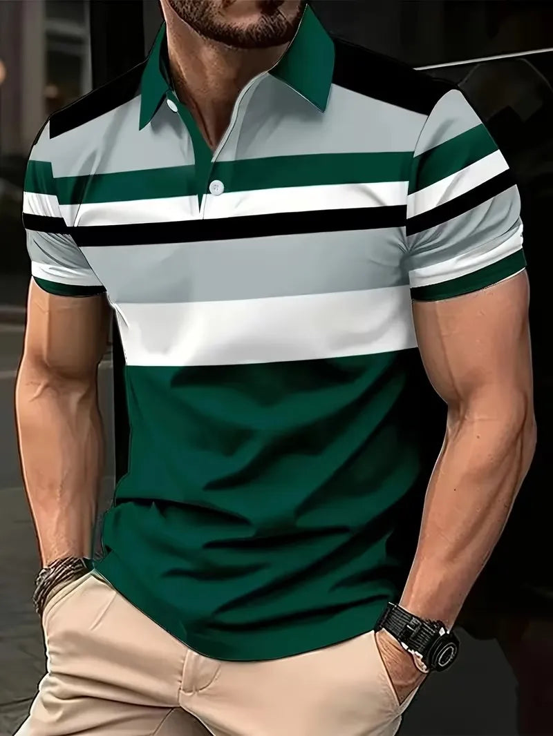Men's Summer Short Sleeve Polo Shirts, Classic Striped Print Sporty Top, Fashionable Lapel Button-Up Men's Polo Shirts