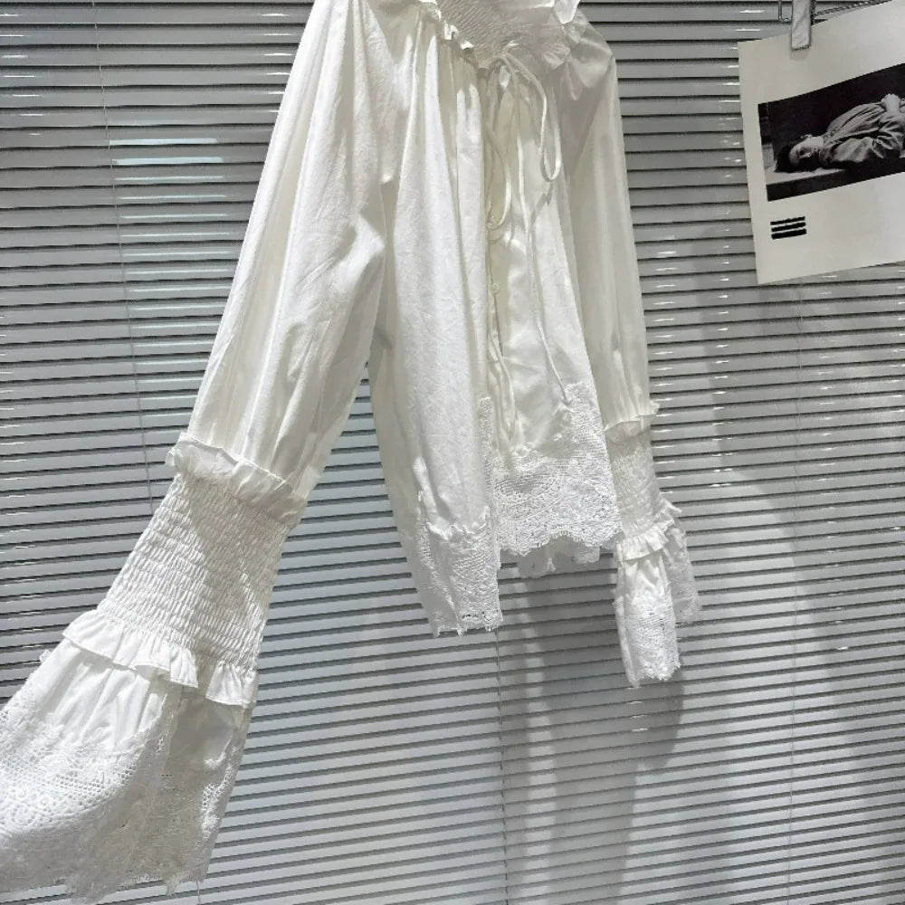 2026 Autumn New Women's Clothing French Design White Temperament Sweet Lace Strap Turtleneck Horn Sleeve Versatile Shirts Ladies