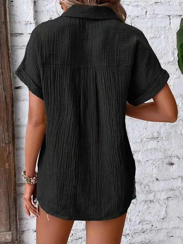 Women Casual Cotton Blouse Vintage Summer Short Sleeve Slim Shirt Elegant Turn Down Collar Solid Tunics Harajuku Streetwear Tops