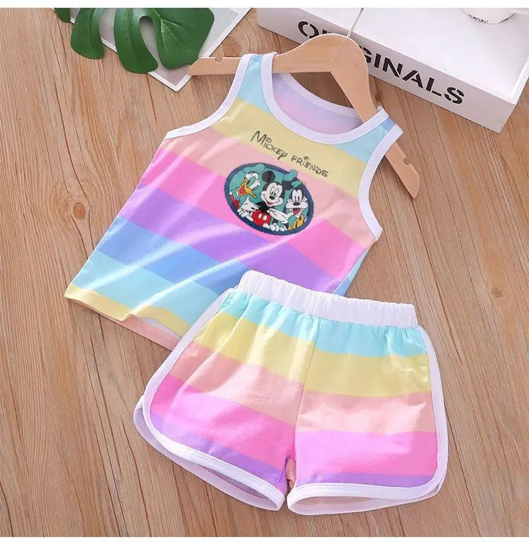 2026 Summer Baby Kids Clothes Sets Cut Striped Cartoon Printed Girls and Boys Vest and Shorts 2 Pieces Sets Children's Outfits