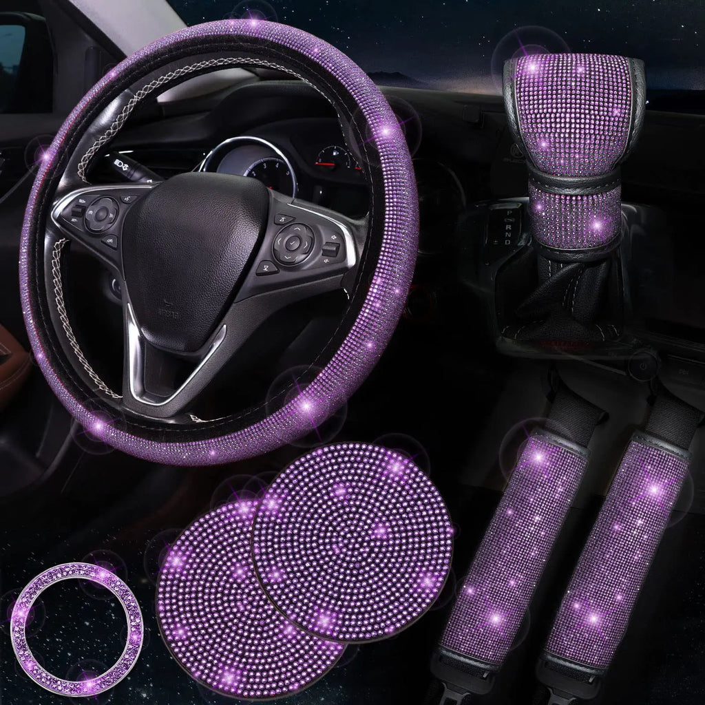 38cm Bling Car Accessories Set For Women Rhinestones Steering Wheel Cover Safety Belt Covers Gear Shift Cover Diamond Cup Pads