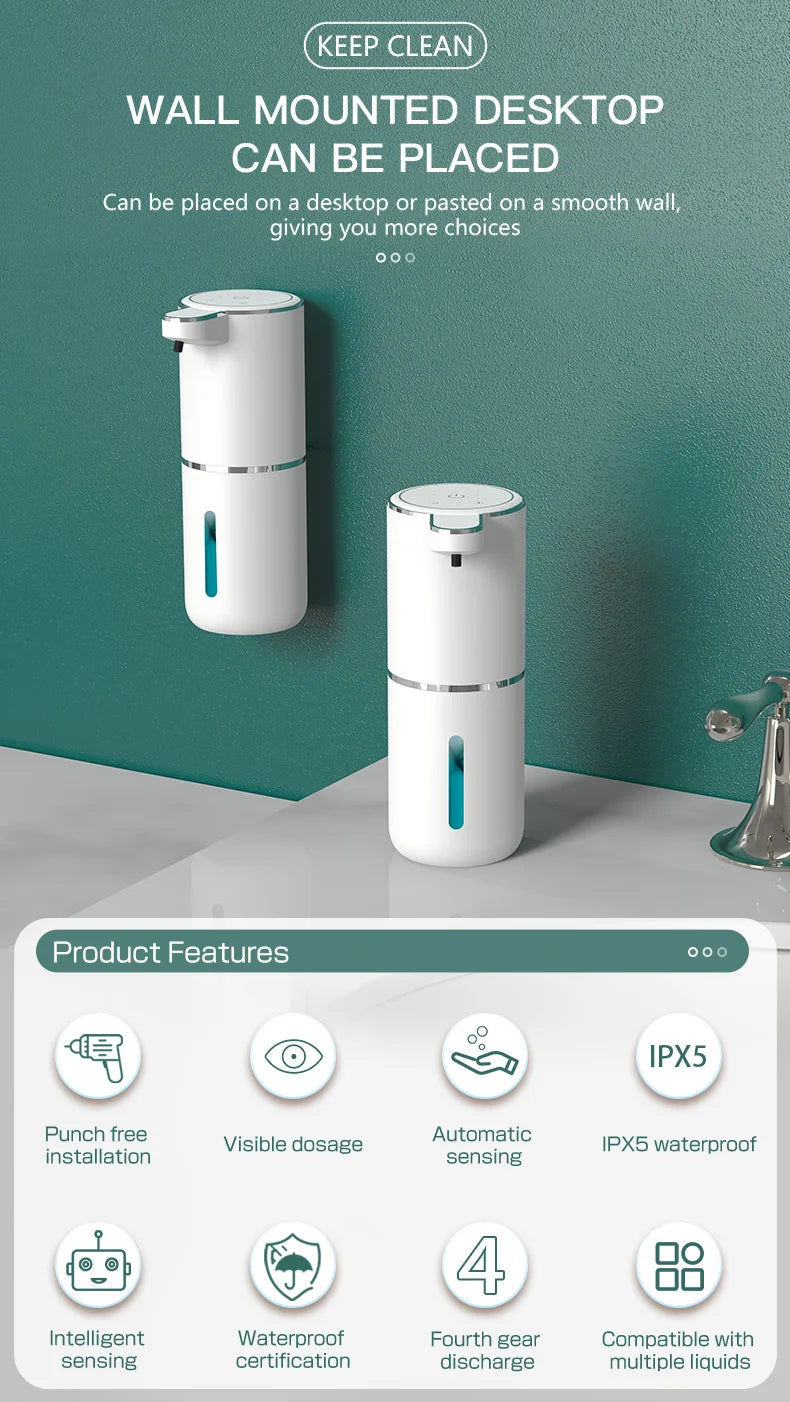 Automatic Soap Dispenser Touchless Foaming Soap Dispenser 380ml USB Rechargeable Electric 4 Level Adjustable Foam Soap Dispenser