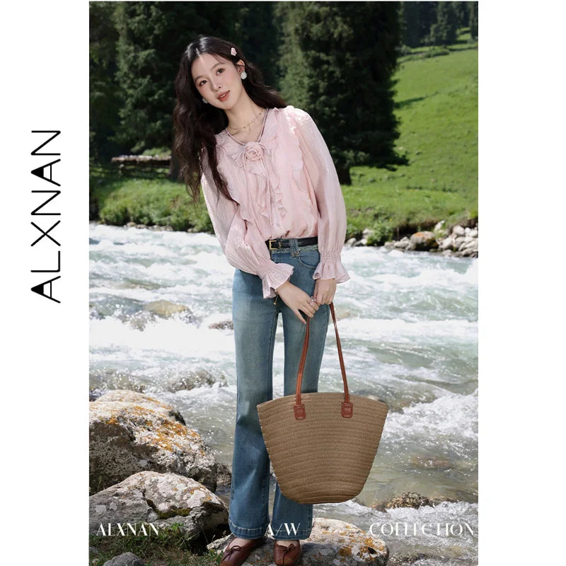 ALXNAN French Style Women's Pink Shirt Autumn V-neck With Detachable 3D Flowers Full Long Sleeves Elastic Cuffs Shirts VL39307