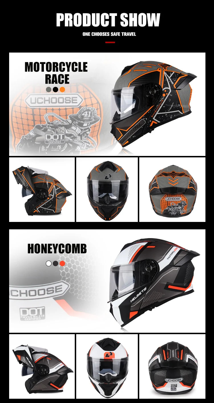 Uchoose DOT Approved Full Face Helmets Crash Motorbike Protective Gear Men Women Flip Up Helmet Motorcycle Double Sun Visor