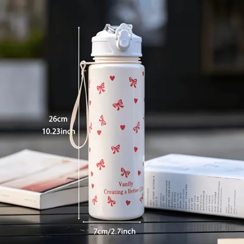 750ML Cute Strawberry Cherry Flower Bowknot Printed Tumbler with Pure White Base, High-Value Straw Cup for Sports