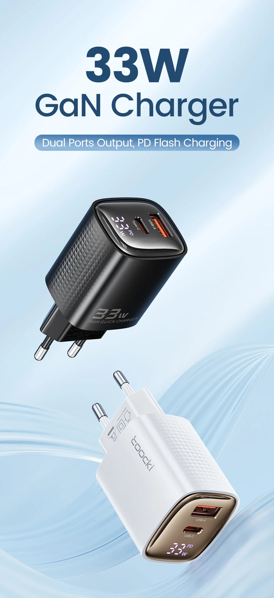 Toocki GaN USB Charger 33W Digital Display QC3.0 PD Fast Charger Type C for iPhone 15 14 13 Pro Max Smausng Xiaomi Honor POCO
