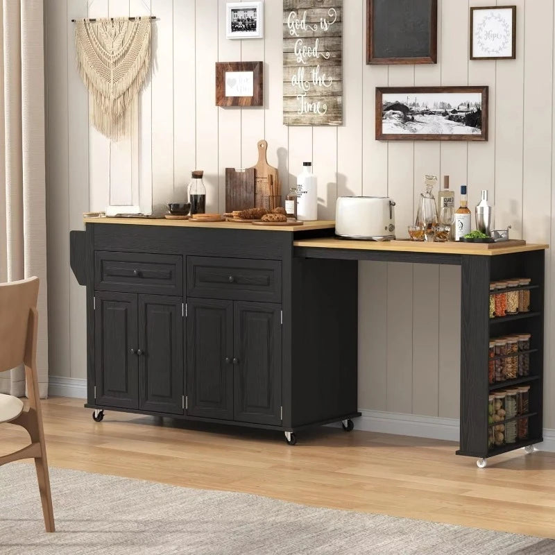 Retractable Sintering Stone Kitchen Island Cart with Power Socket Storage Drawer