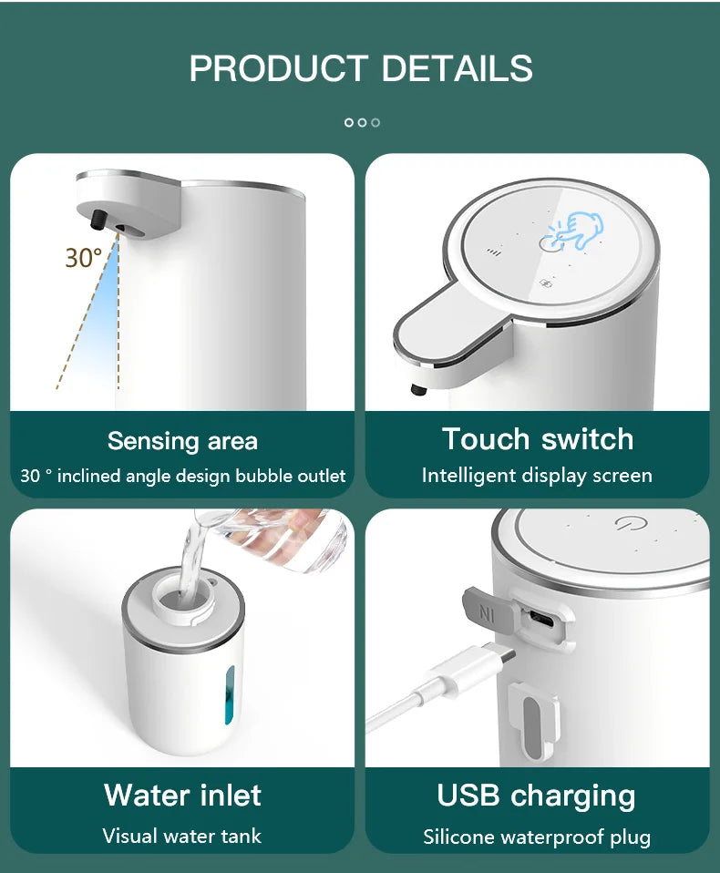 Automatic Soap Dispenser Touchless Foaming Soap Dispenser 380ml USB Rechargeable Electric 4 Level Adjustable Foam Soap Dispenser