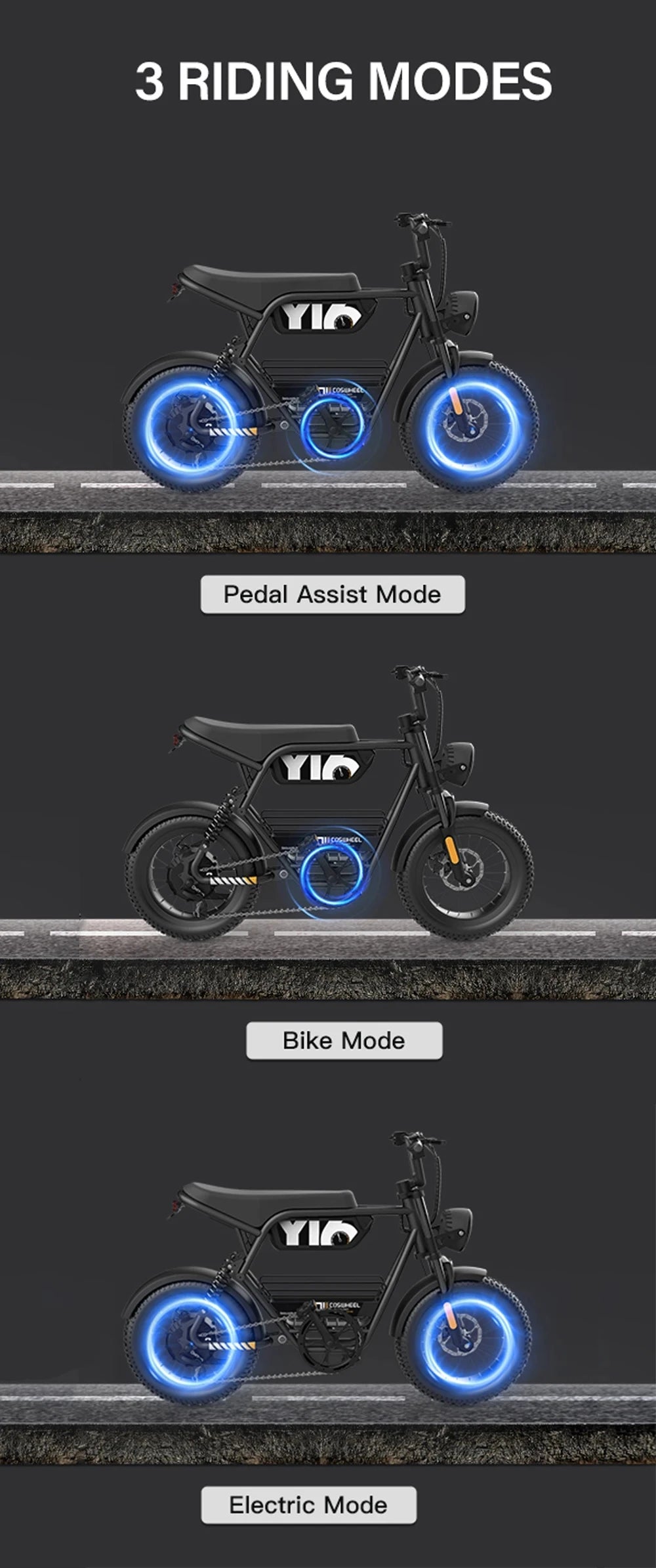 Coswheel Y16 Electric Bike for Adults 1000W Moped Style Ebike 48V 15Ah Removable Battery 28MPH Electric Motorcycle FatTire ebike