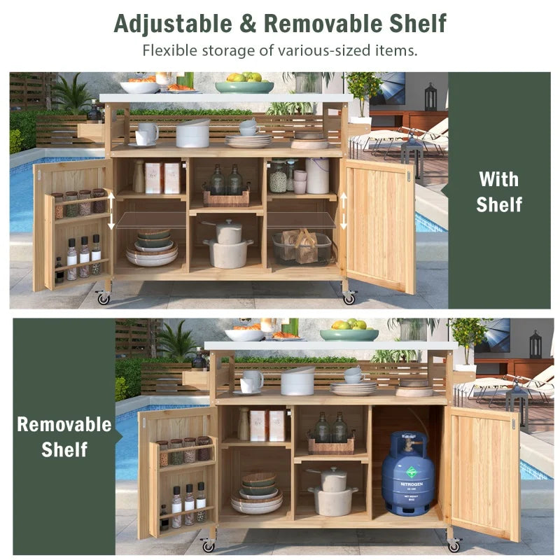 US Stock Farmhouse Rolling Kitchen Island Cart With Stainless Steel Countertop Wooden Storage Cabinet With Lockable Wheels