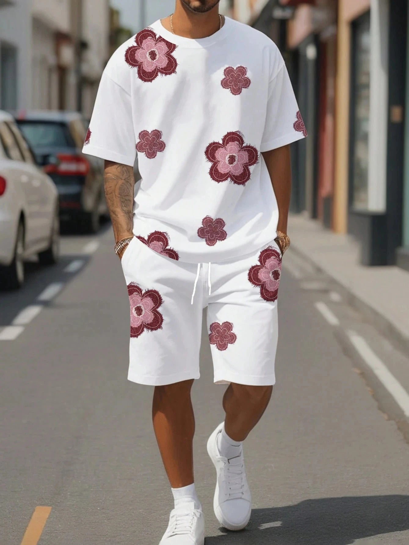 Set 2 Piezas Hombre - Remera y Short Floral Blanco y Negro