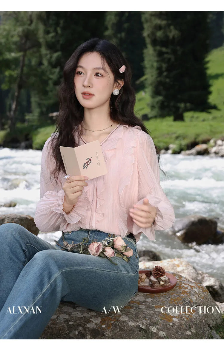 ALXNAN French Style Women's Pink Shirt Autumn V-neck With Detachable 3D Flowers Full Long Sleeves Elastic Cuffs Shirts VL39307