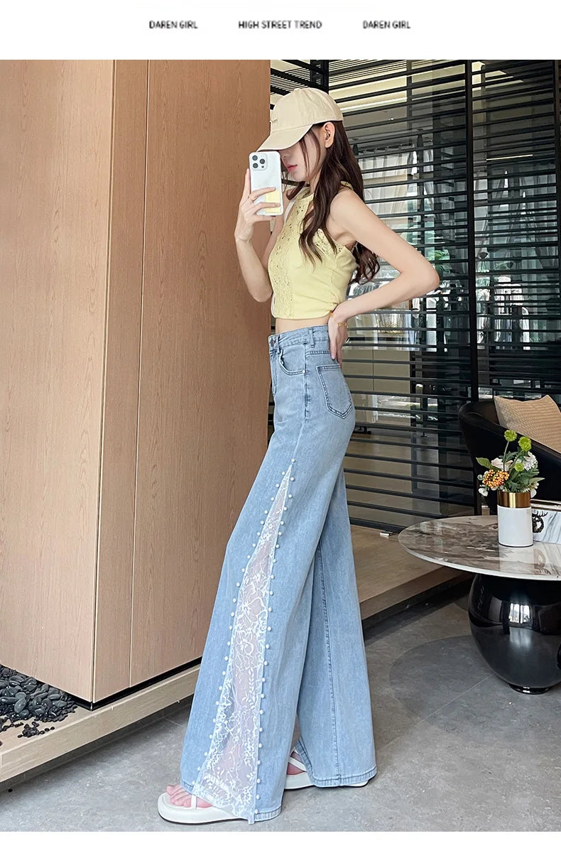 Women's High Waist Lace Stitching Beaded Wide Leg Jeans Summer Stretch Floor Length Pants