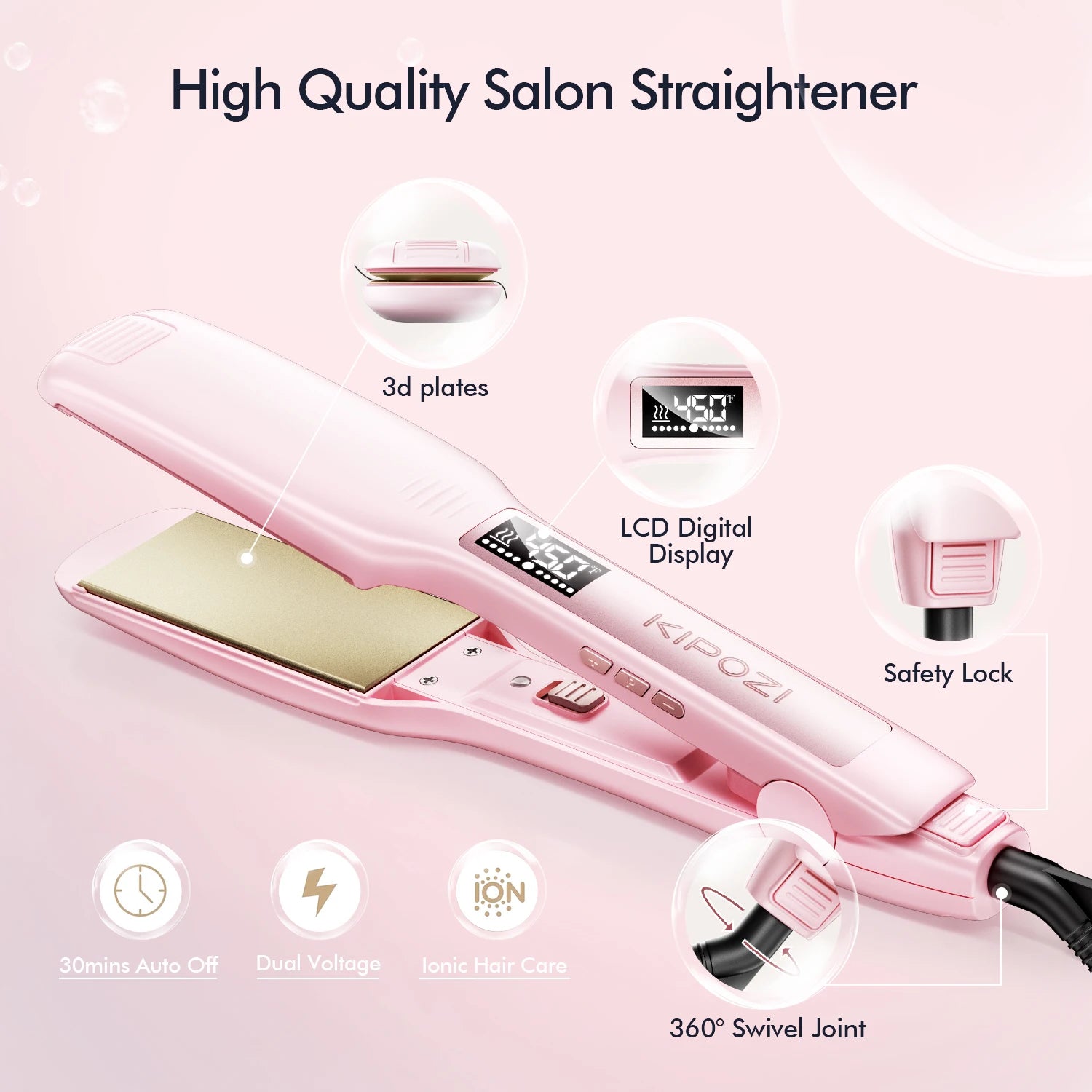 KIPOZI Professional Titanium Flat Iron Hair Straightener with Digital LCD Display Dual Voltage Instant Heating Curling Iron