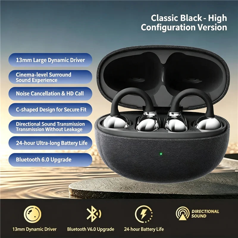 KEBIDUMEI Open-Ear Wireless Headphones Bluetooth 6.0 Earphones with Mic Clear Call Ear Clip Earbuds Sports Headsets 24H Playtime
