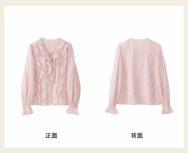 ALXNAN French Style Women's Pink Shirt Autumn V-neck With Detachable 3D Flowers Full Long Sleeves Elastic Cuffs Shirts VL39307
