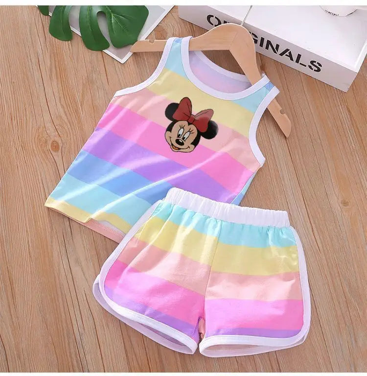 2026 Summer Baby Kids Clothes Sets Cut Striped Cartoon Printed Girls and Boys Vest and Shorts 2 Pieces Sets Children's Outfits
