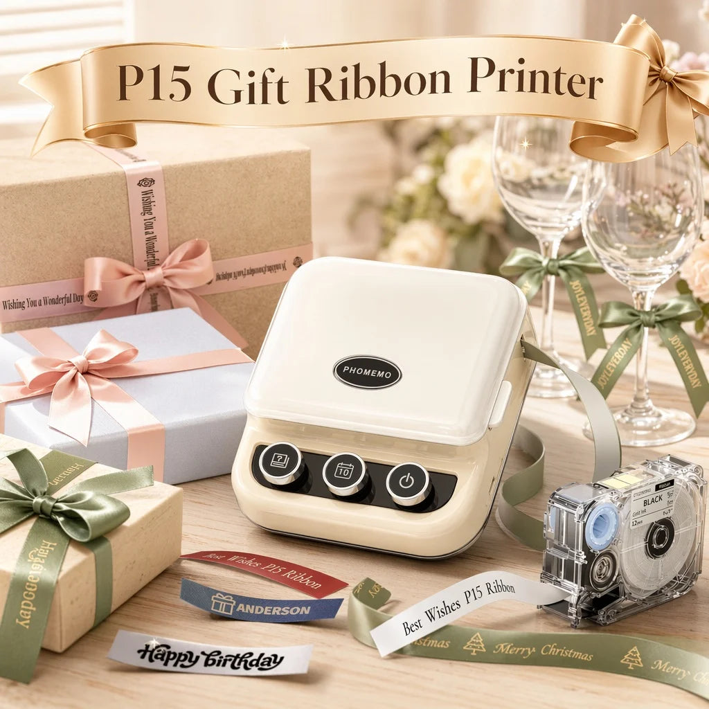 Phomemo P15 Mini Bluetooth Label Printer for Christmas Gifts & Wedding Decorations, Portable Ribbon Label Maker with Custom Text