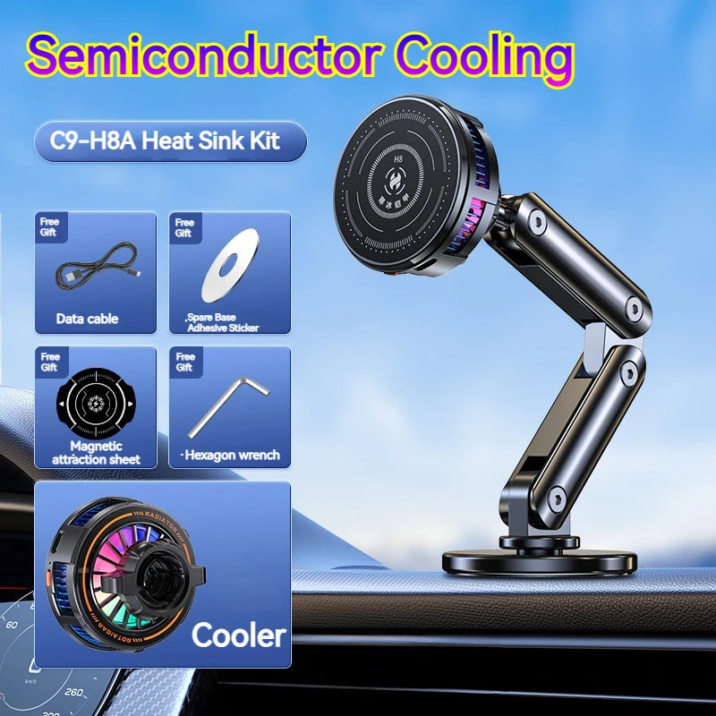 Universal Metal Car Magnetic Semiconductor Cooling Phone Holder RGB Light 3 Level Adjustable for iPhone 16 15 14 13 12 Samsung