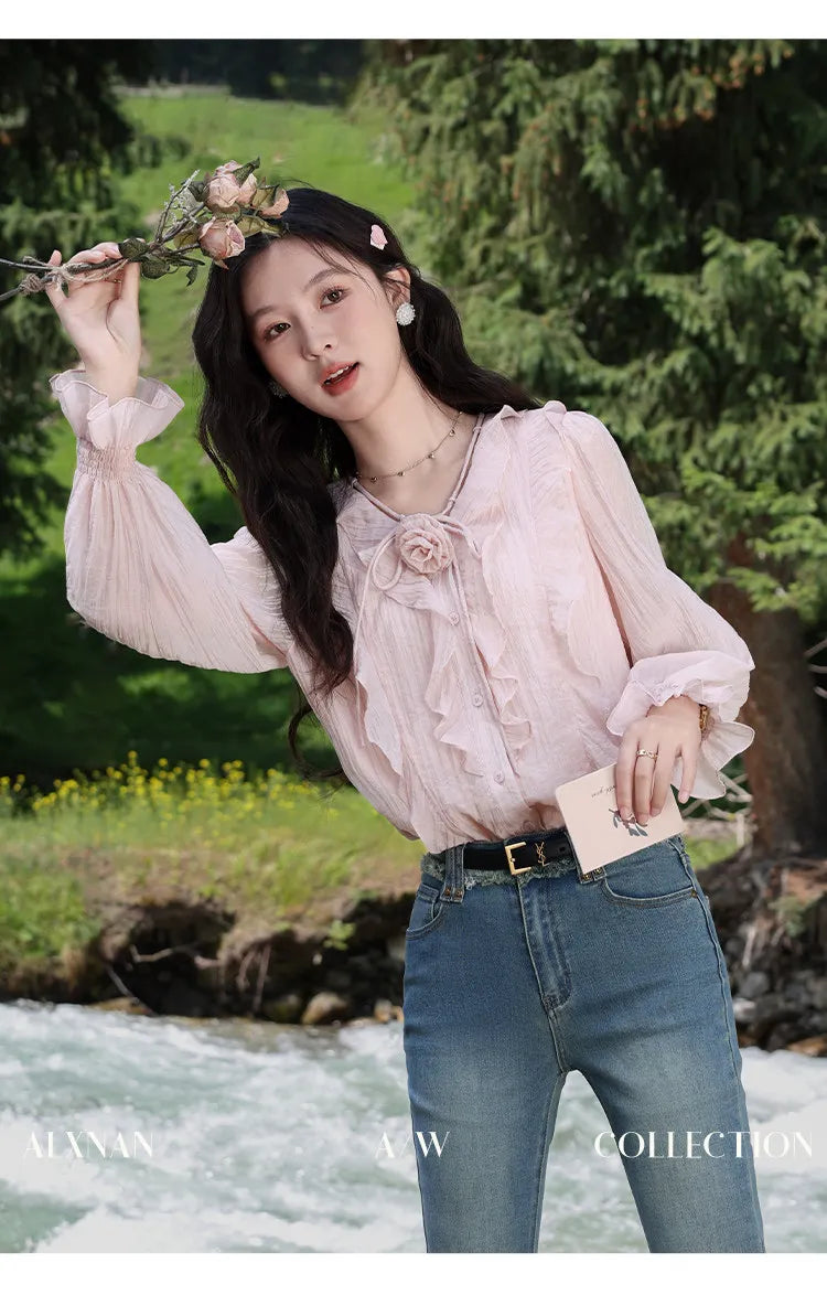 ALXNAN French Style Women's Pink Shirt Autumn V-neck With Detachable 3D Flowers Full Long Sleeves Elastic Cuffs Shirts VL39307