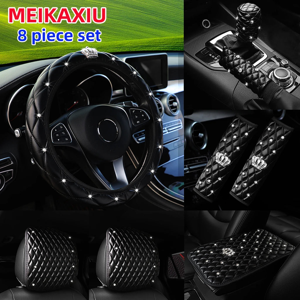 8 Artificial Skin Leather Diamond Crown Steering Wheel Cover Shoulder Cover Armrest Cushion Handbrake Cover Headrest Cushion Set
