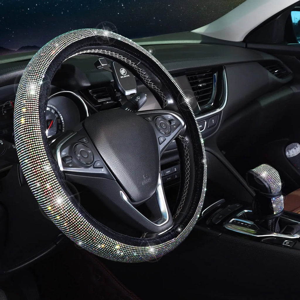 38cm Bling Car Accessories Set For Women Rhinestones Steering Wheel Cover Safety Belt Covers Gear Shift Cover Diamond Cup Pads