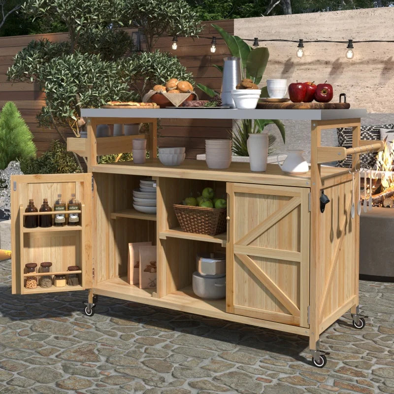 US Stock Farmhouse Rolling Kitchen Island Cart With Stainless Steel Countertop Wooden Storage Cabinet With Lockable Wheels