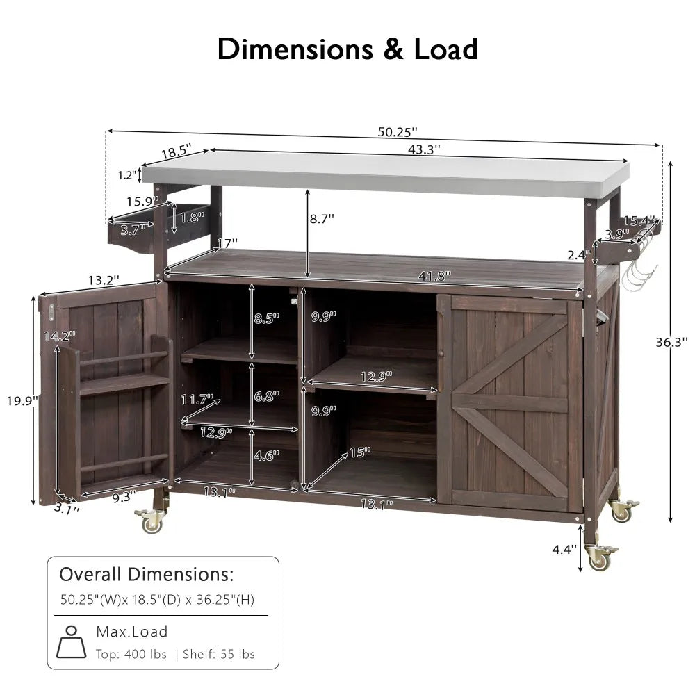 US Stock Farmhouse Rolling Kitchen Island Cart With Stainless Steel Countertop Wooden Storage Cabinet With Lockable Wheels