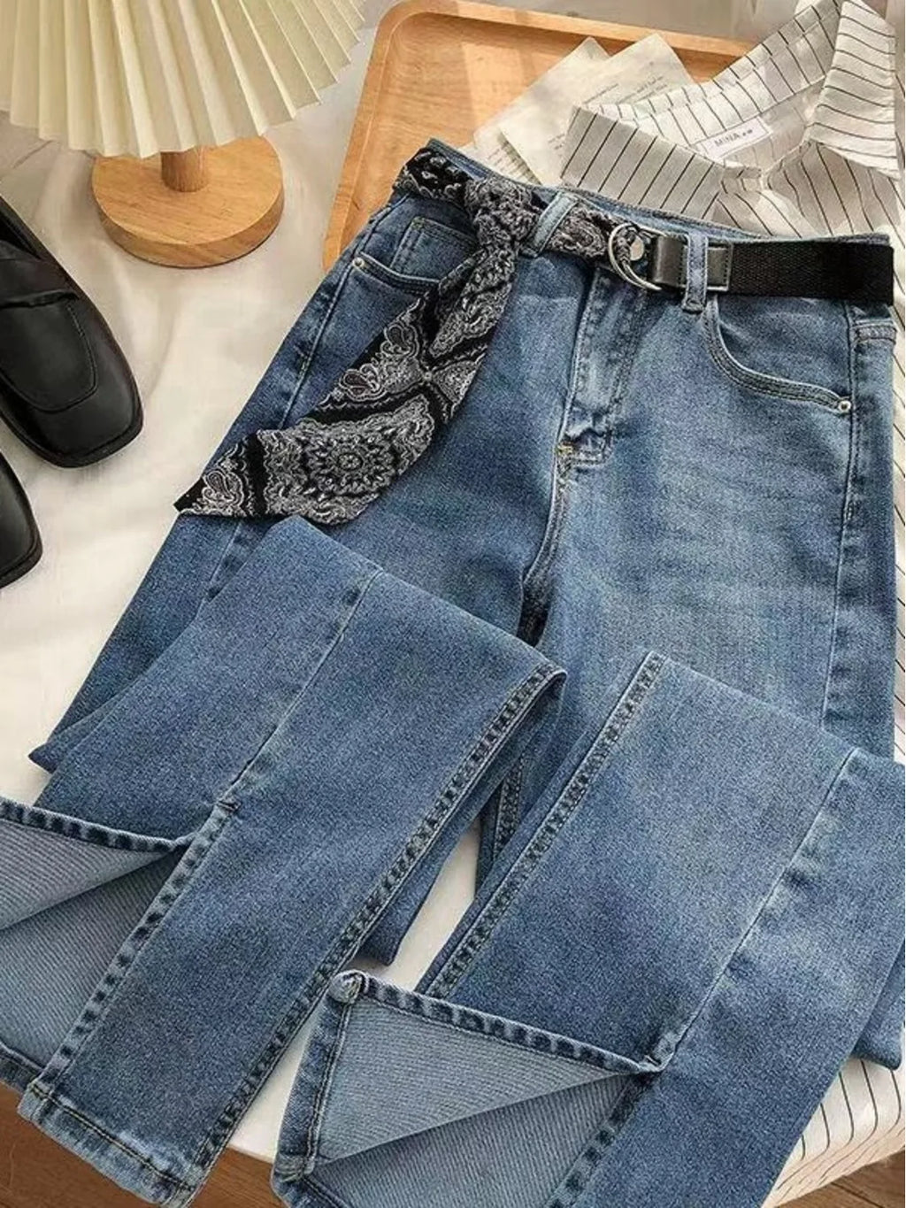 Women's High Waist Wide Leg Jeans Asymmetric Split Hem Vintage Washed Denim Pants Loose Fit