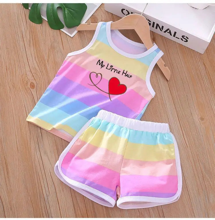 2026 Summer Baby Kids Clothes Sets Cut Striped Cartoon Printed Girls and Boys Vest and Shorts 2 Pieces Sets Children's Outfits