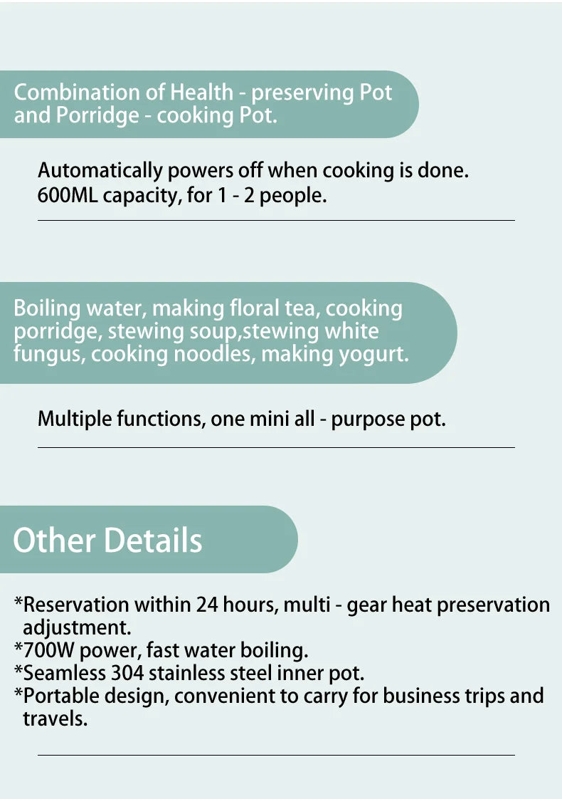SUNATUR 600ml 700W Electric Cooker Multifunctional Rice Cooker Stew Pot Slow Cooker Mini Porridge Pot Portable Soup Pot